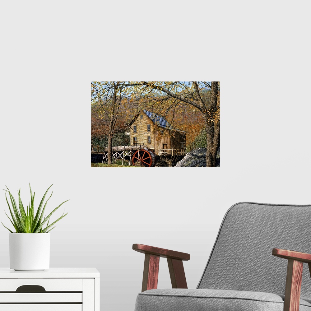 A modern room featuring Contemporary painting of a watermill in an autumn landscape.