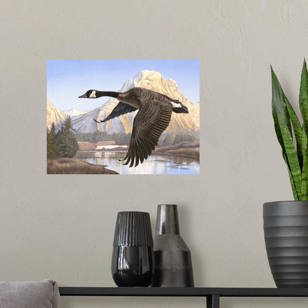 A modern room featuring A goose flying over a body of water with a mountain in the background.