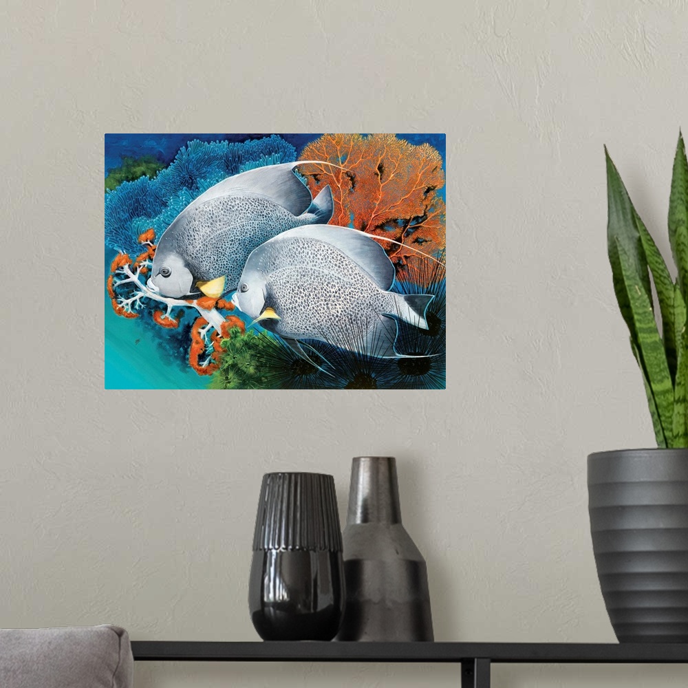 A modern room featuring Contemporary painting of two tropical fish.