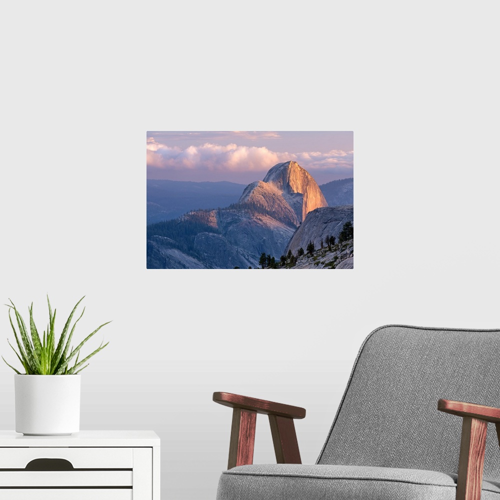 A modern room featuring View of a mountain in Yosemite with sunset light.