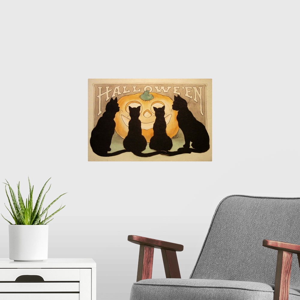 A modern room featuring A vintage illustration of four black cats staring at a smiling jack-o-lantern.