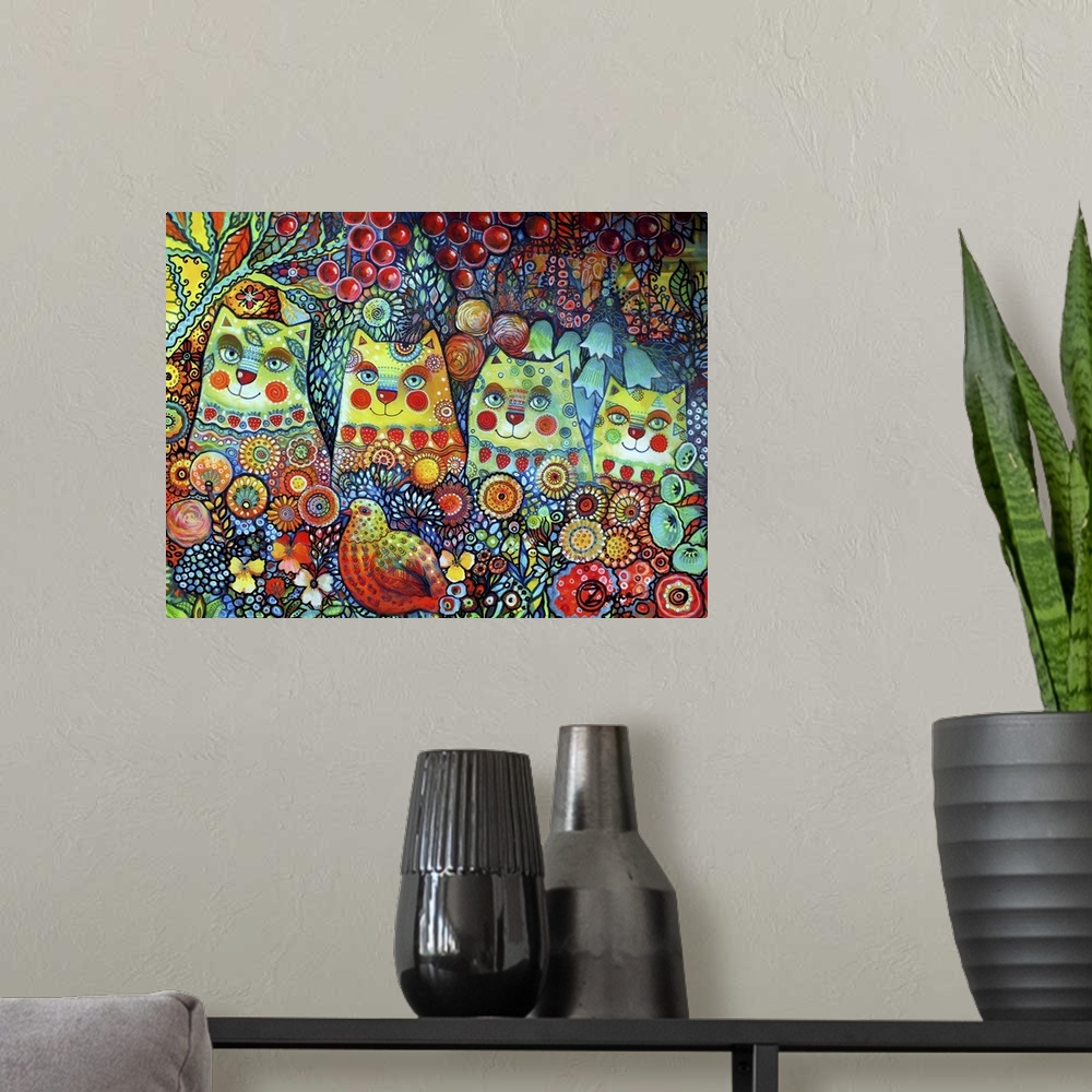 A modern room featuring Watercolor painting of a group of four cats sitting in brightly colored flowers.