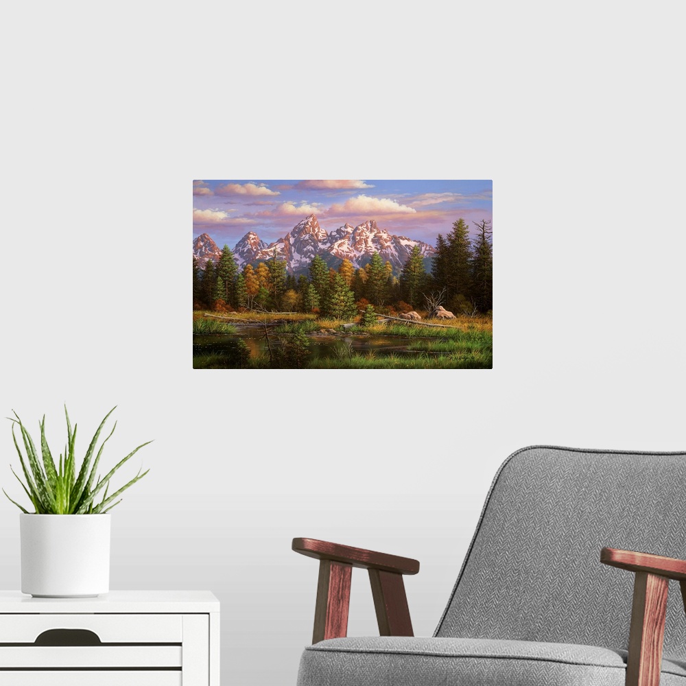 A modern room featuring Landscape painting of river and mountains.