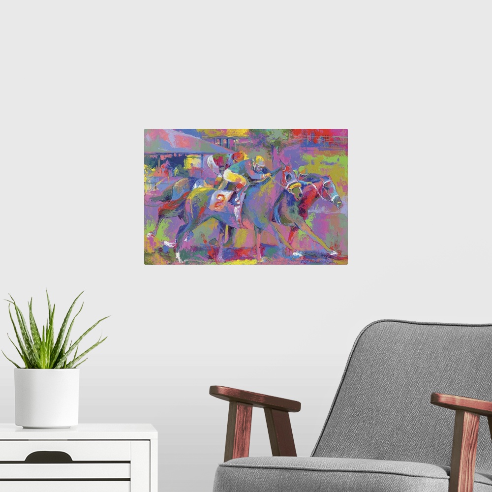 A modern room featuring Colorful vibrant painting of jockey's riding horses in a race.