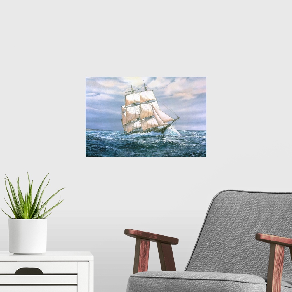 A modern room featuring Contemporary painting of a ship sailing the open sea.