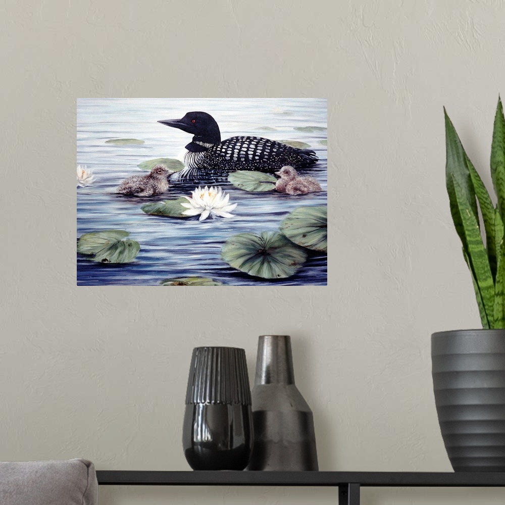 A modern room featuring Contemporary artwork of a loon swimming among lily pads.