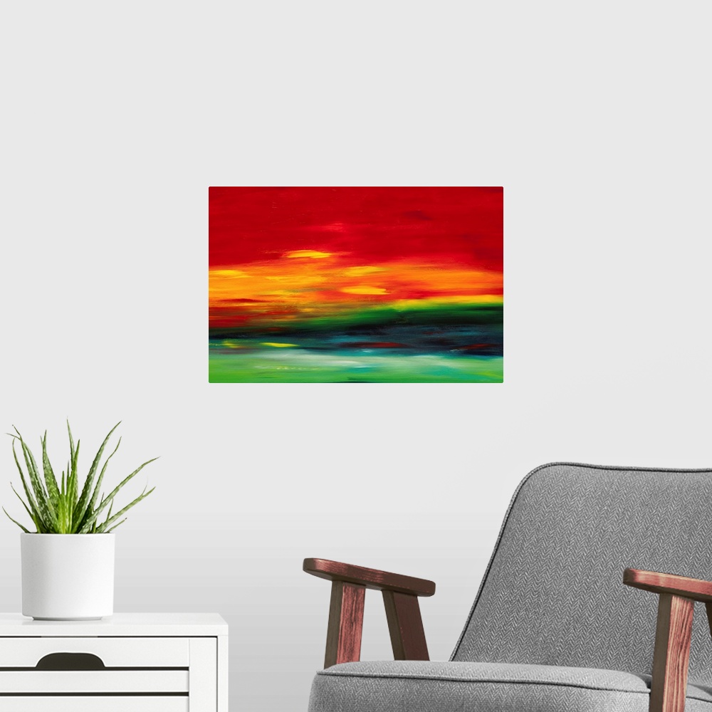 A modern room featuring Contemporary abstract resembling a vibrant sunset sky.