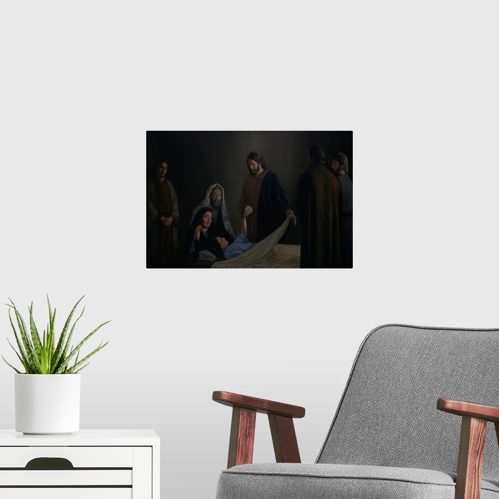 A modern room featuring Jesus helping a girl out of bed