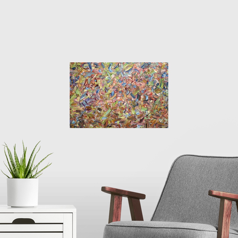 A modern room featuring Abstract artwork made of streaks and splatters, in warm summer tones.