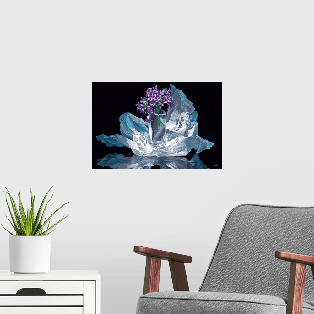 A modern room featuring Contemporary vivid realistic still-life painting of a clear glass vase holding purple flowers, wh...