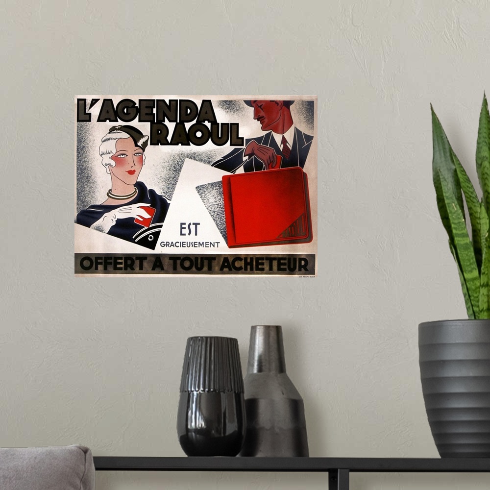A modern room featuring Vintage poster advertisement for La Agenda Raoul.