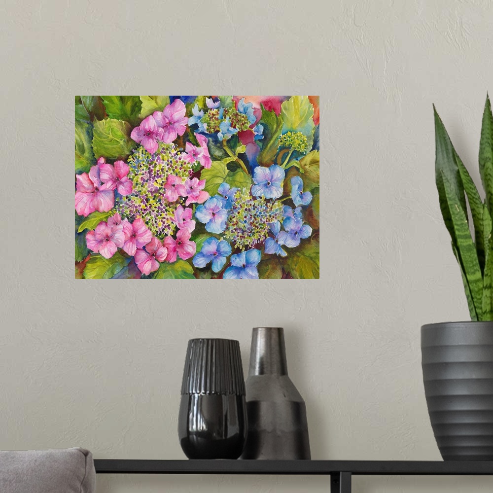 A modern room featuring Colorful contemporary painting of pink and blue hydrangeas.
