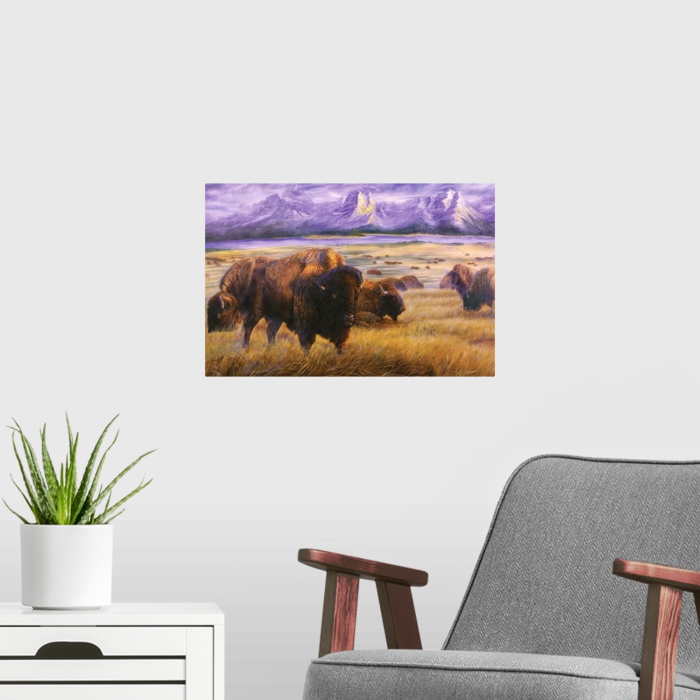 A modern room featuring buffalo on western plain