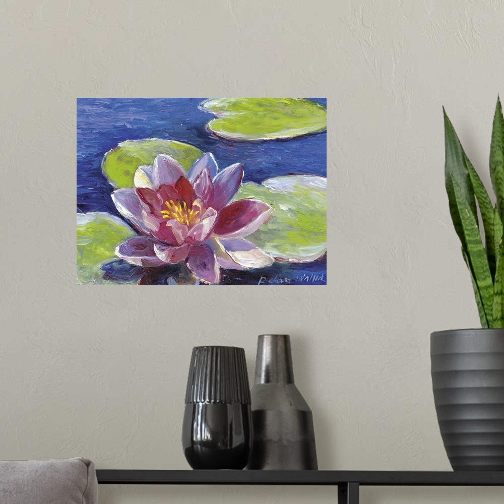 A modern room featuring Contemporary colorful painting of a water lily.