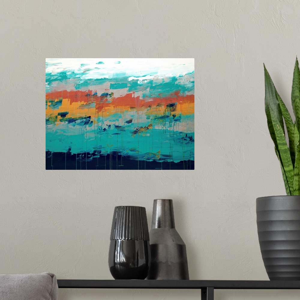 A modern room featuring A contemporary abstract painting muted tones of orange and turquoise.