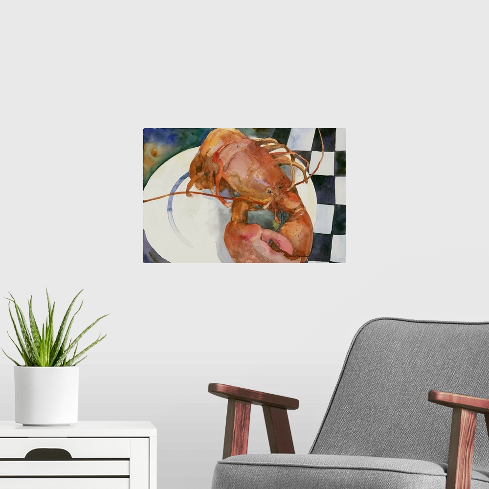 A modern room featuring Contemporary watercolor painting of a lobster on a dinner plate.