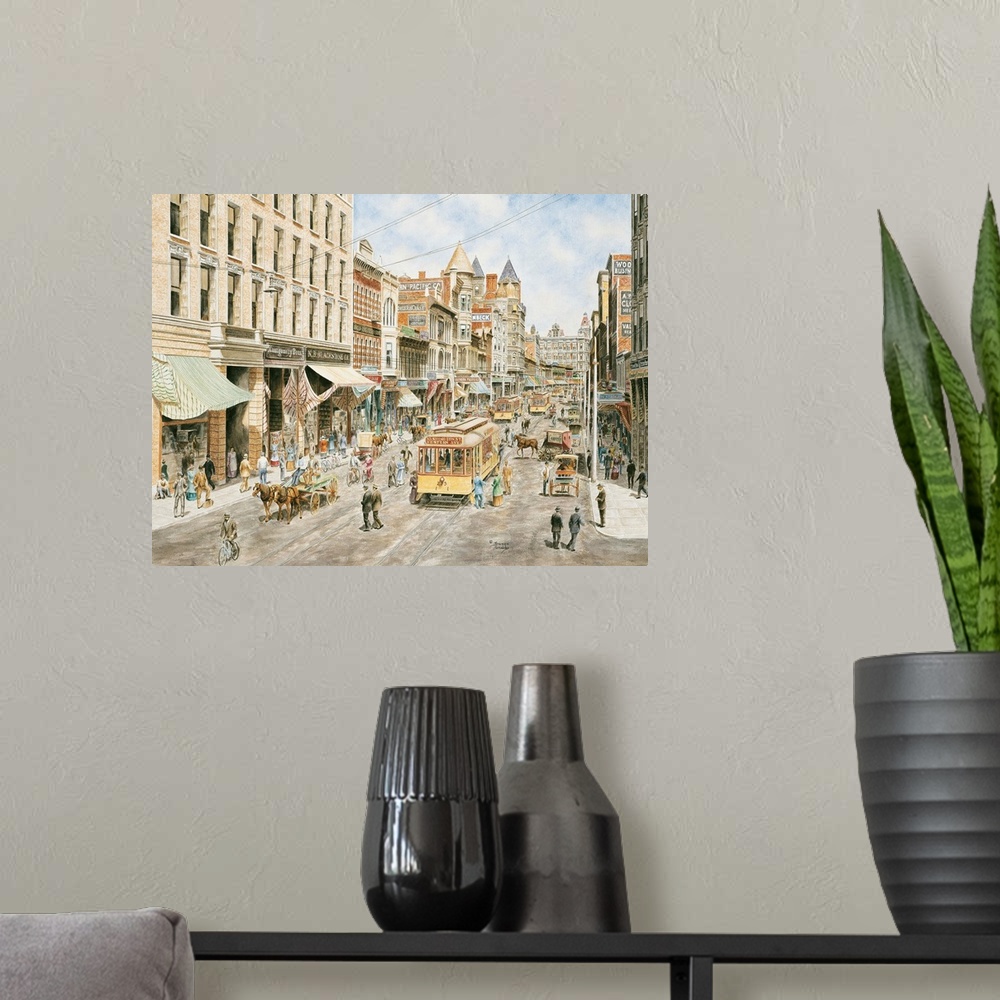 A modern room featuring Contemporary painting of a bustling city street.