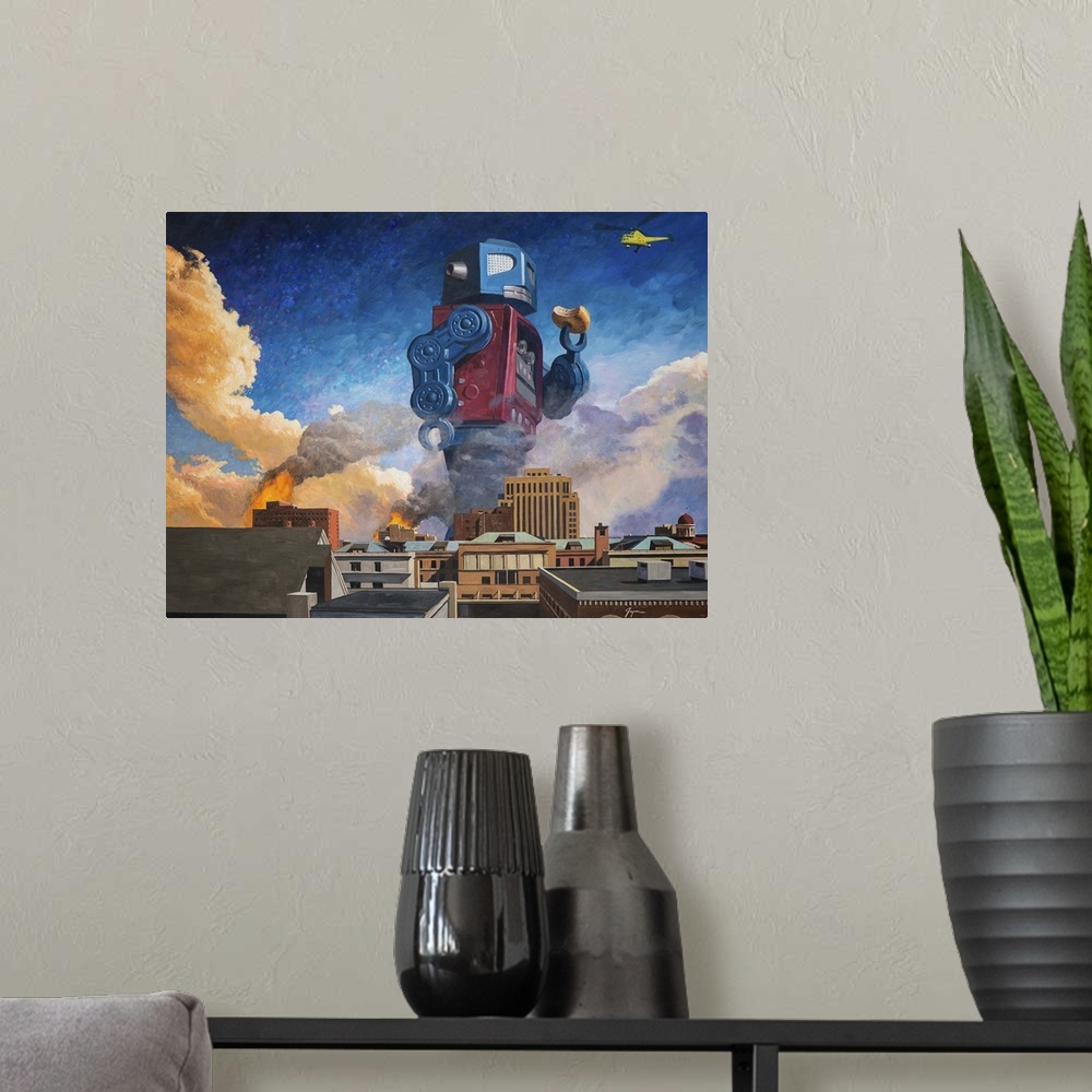 A modern room featuring A contemporary painting of a giant retro toy robot eating a donut and walking through a burning c...