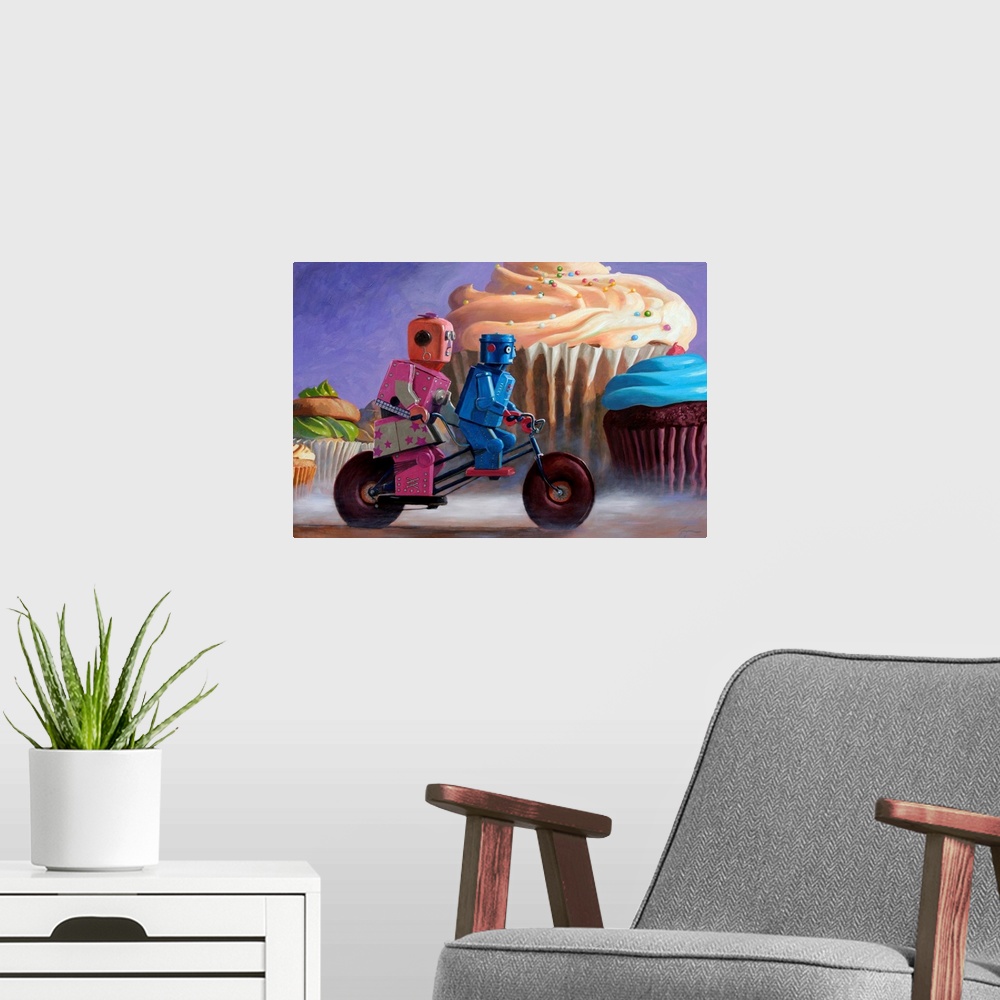 A modern room featuring A contemporary painting of a two retro toy robots riding a tandem bicycle with giant colorful cup...