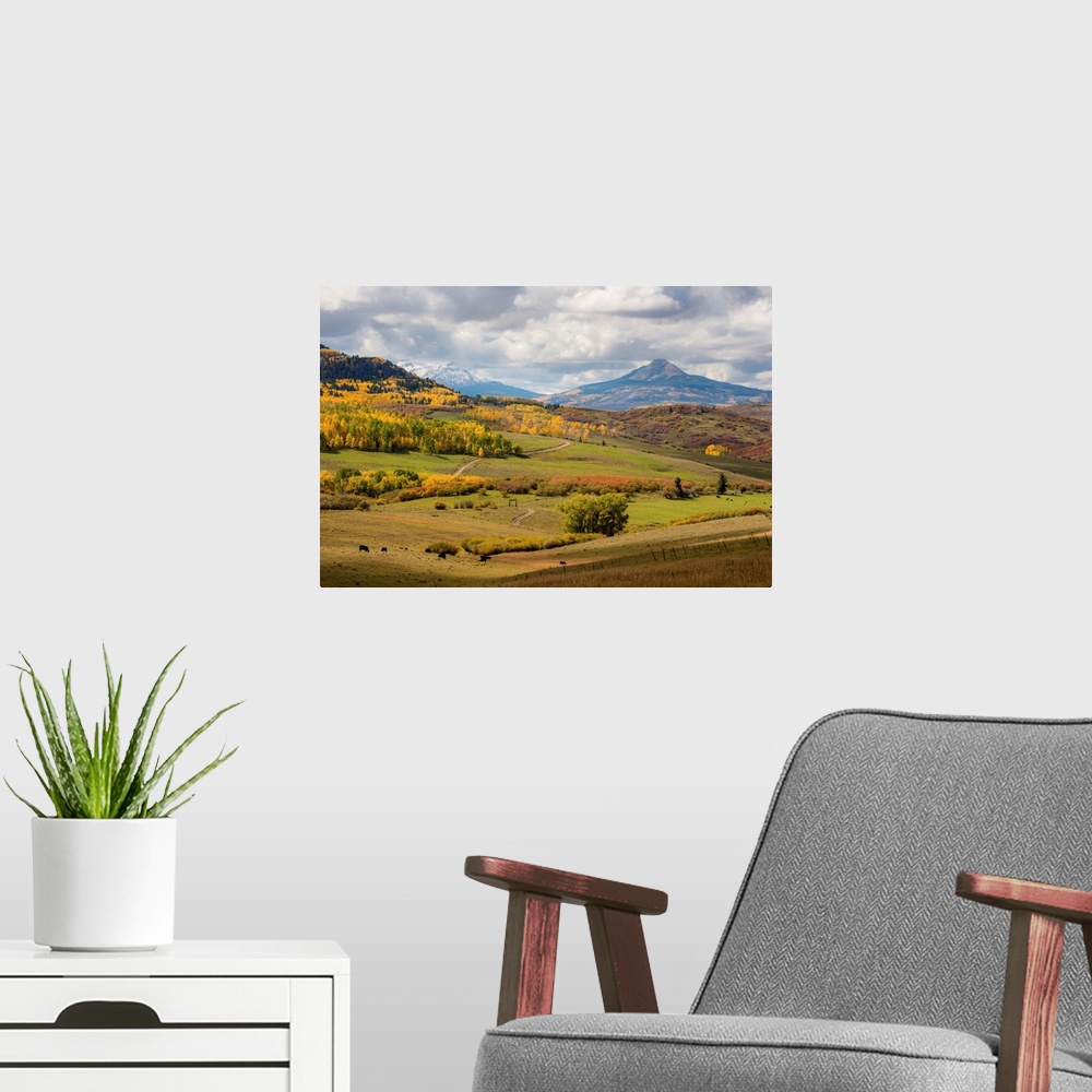 A modern room featuring Landscape photograph of a dirt road winding through rolling hills of Fall trees with mountains in...