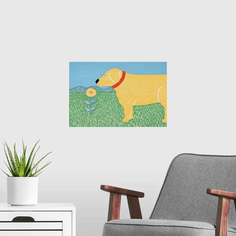 A modern room featuring Illustration of a yellow lab smelling a yellow flower.
