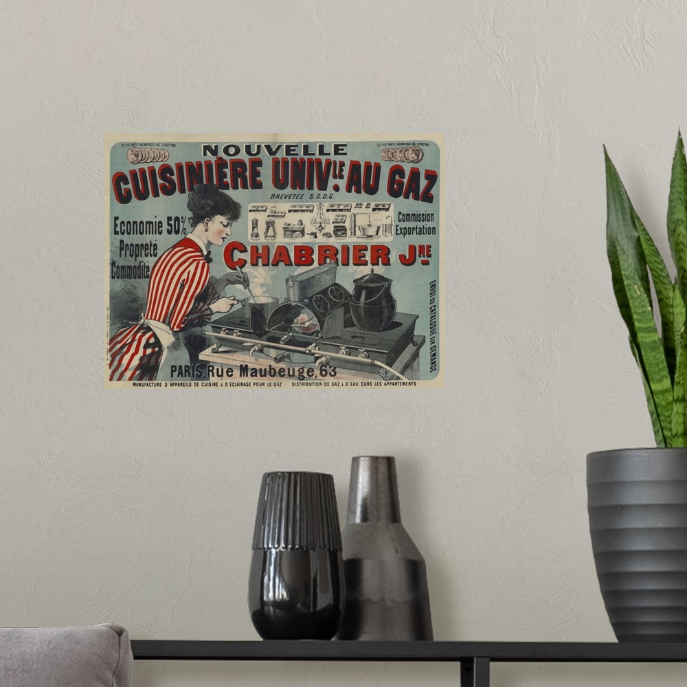A modern room featuring Vintage poster advertisement for Nouvelle Cuisine.