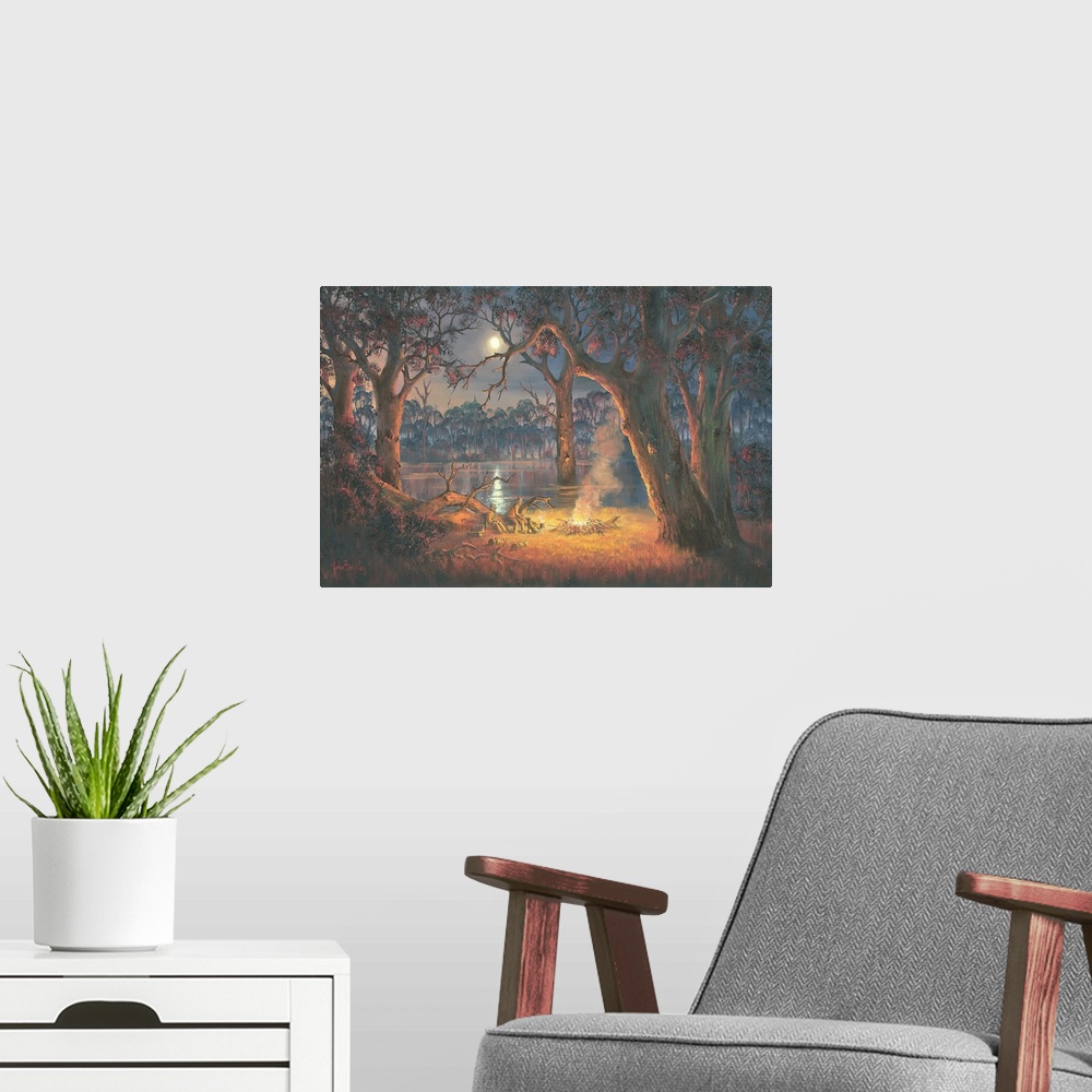 A modern room featuring Contemporary painting of old friends sitting beside a roaring campfire at night.