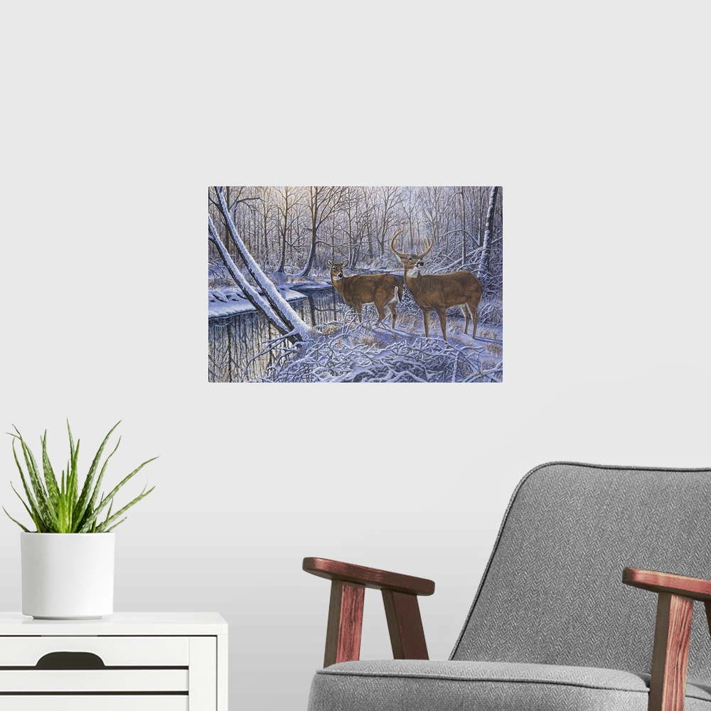 A modern room featuring Contemporary artwork of two white tail deer about to drink from stream in wintery forest but turn...