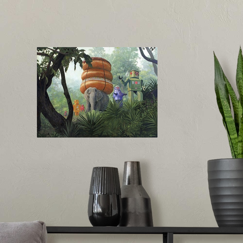 A modern room featuring A contemporary painting of a surreal scene of retro toy robots walking through a jungle with an e...