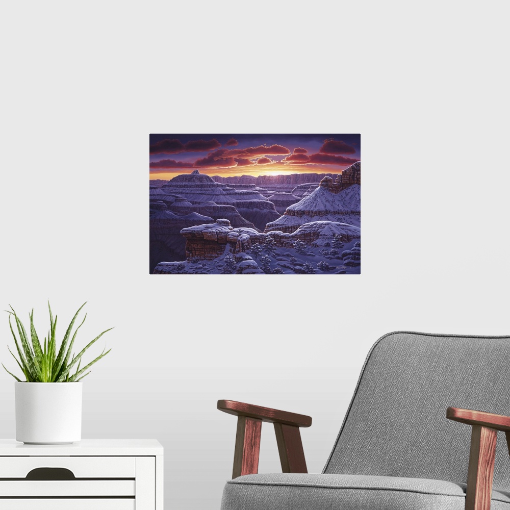 A modern room featuring Contemporary landscape painting of the Grand Canyon at sunset in the winter.