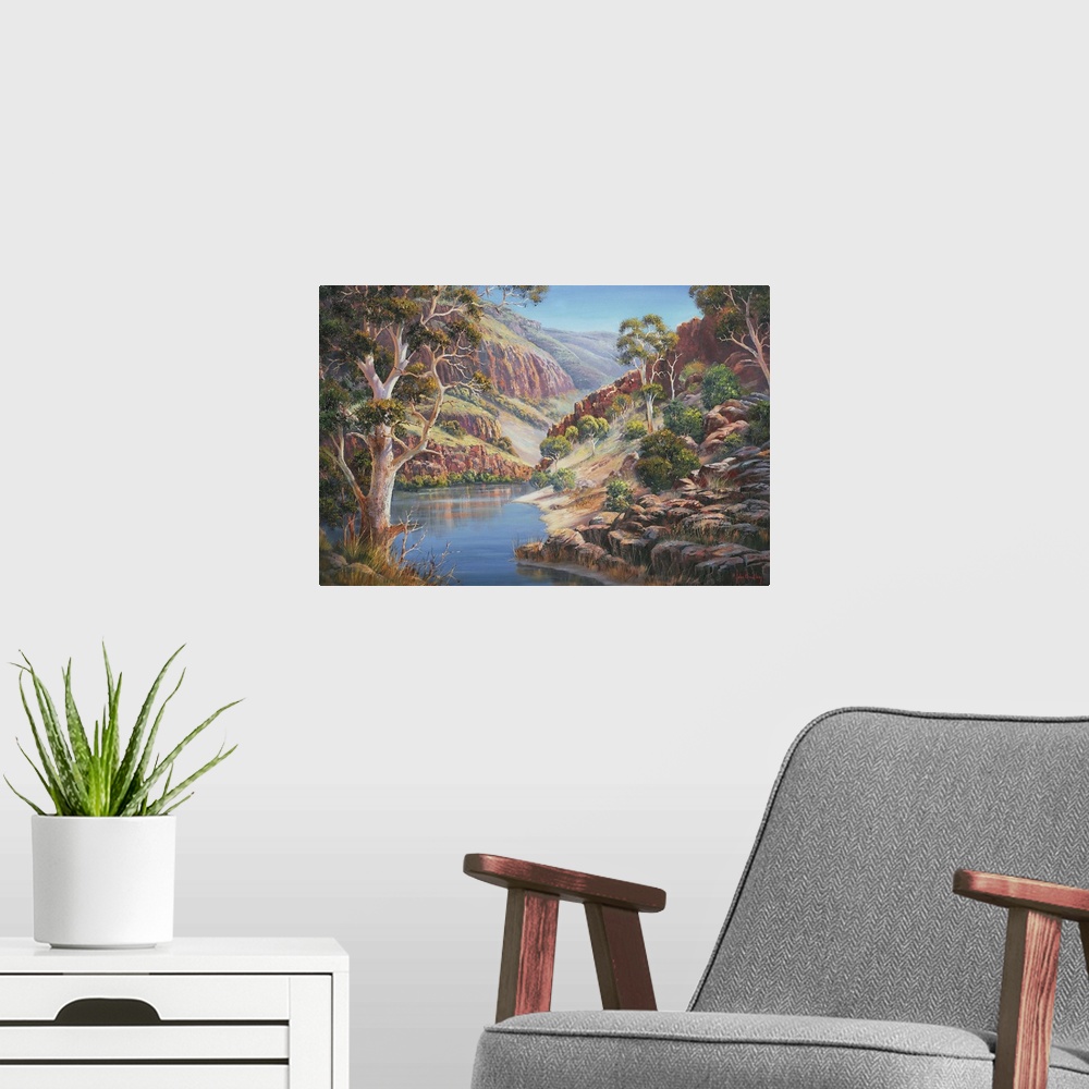 A modern room featuring Contemporary painting of a mountainous valley.