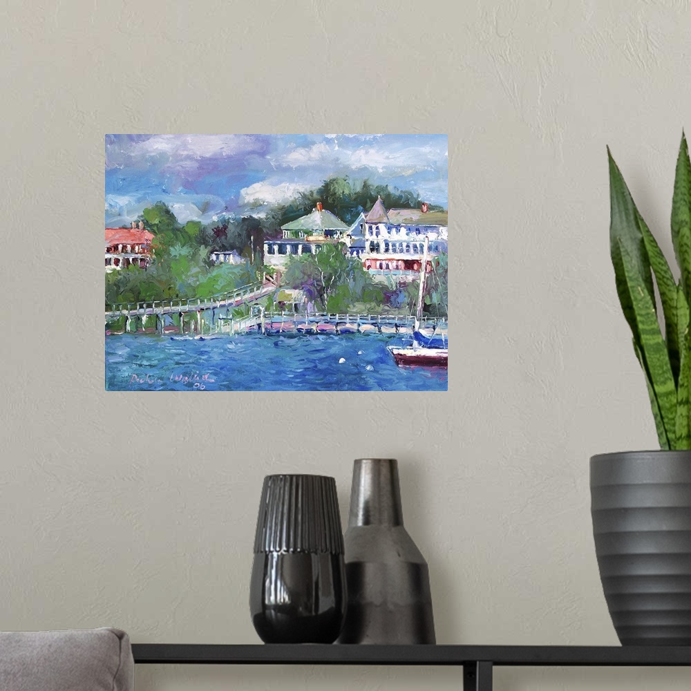 A modern room featuring Boats sitting in a harbor.