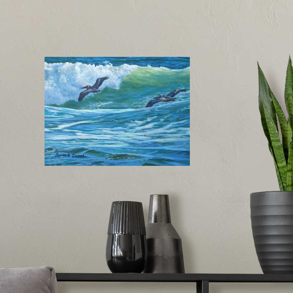 A modern room featuring Contemporary painting of two pelicans soaring over a wave about to crash in the ocean.