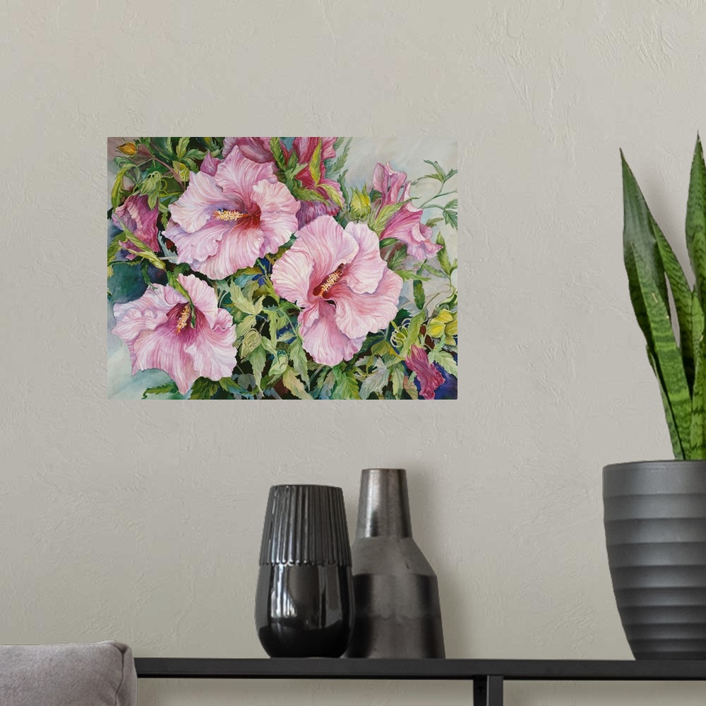 A modern room featuring Colorful contemporary painting of bright pink hibiscus flowers.
