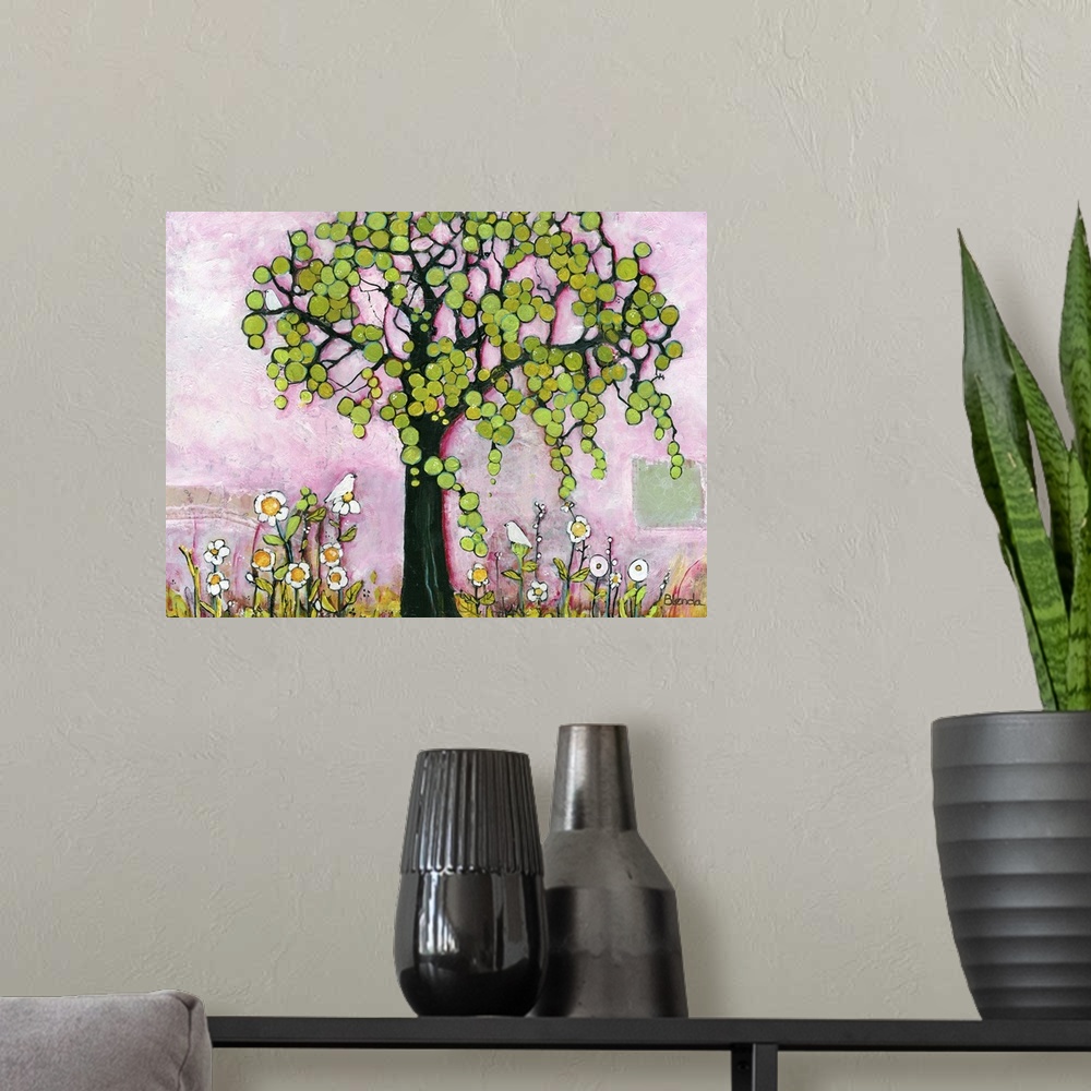 A modern room featuring Lighthearted contemporary painting of a tree against a pink background.