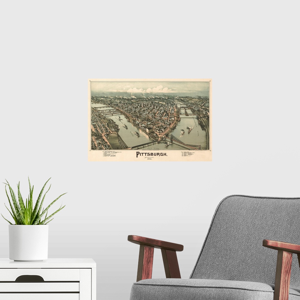 A modern room featuring vintage Map of the City of Pittsburg