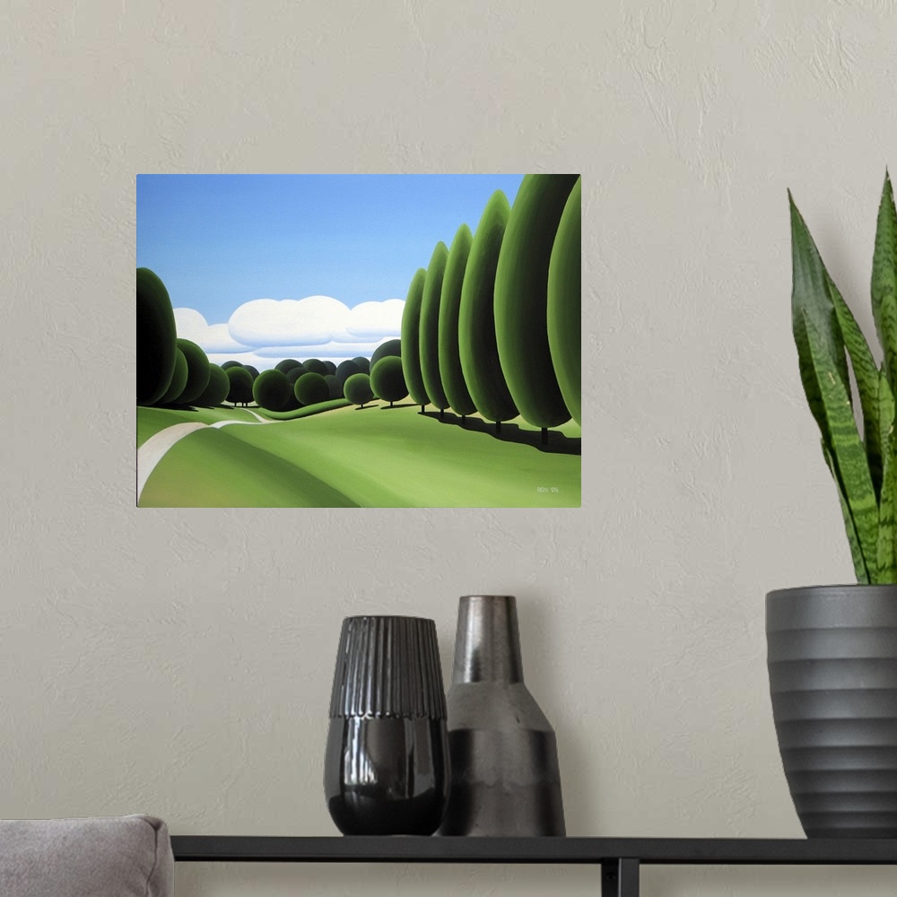 A modern room featuring Contemporary painting of a green field with trees.