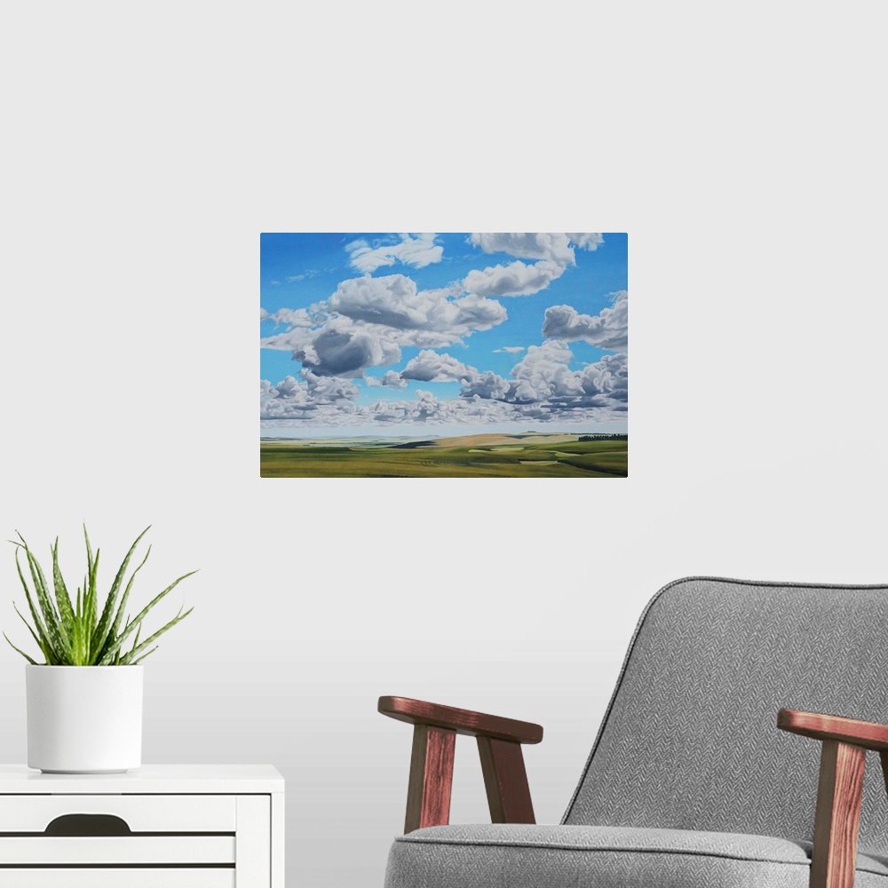 A modern room featuring Contemporary painting of an idyllic landscape with fluffy clouds overhead.