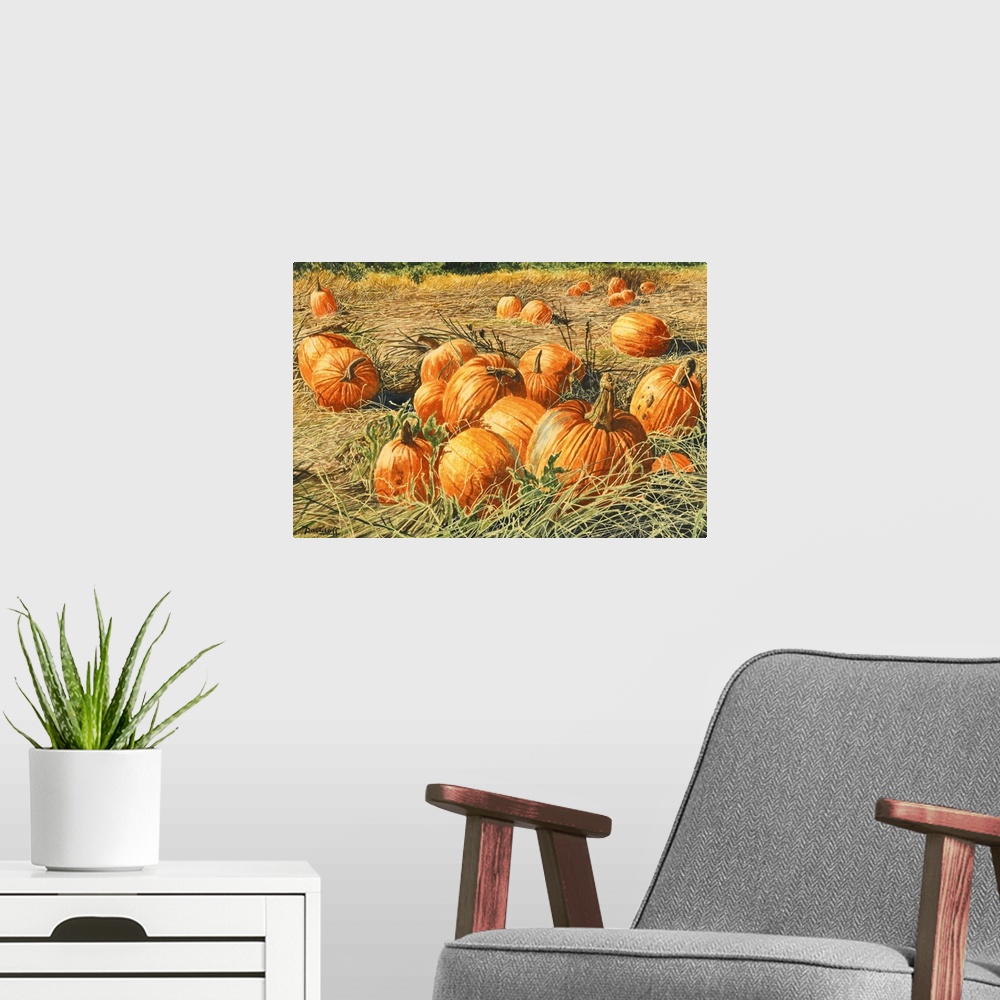 A modern room featuring Contemporary colorful painting of an idyllic autumn harvest scene.