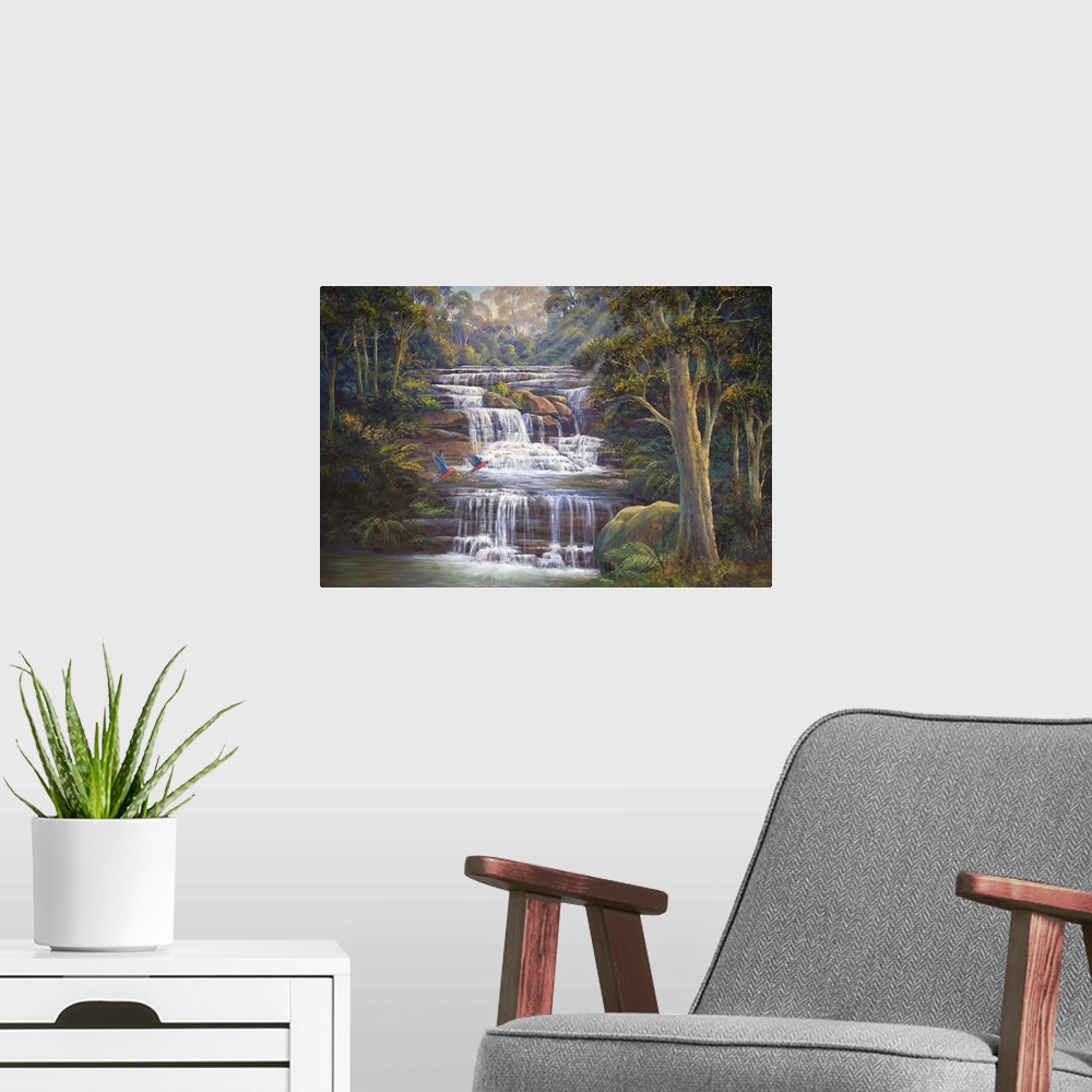 A modern room featuring Contemporary painting of a forest river cascading down over rocks.