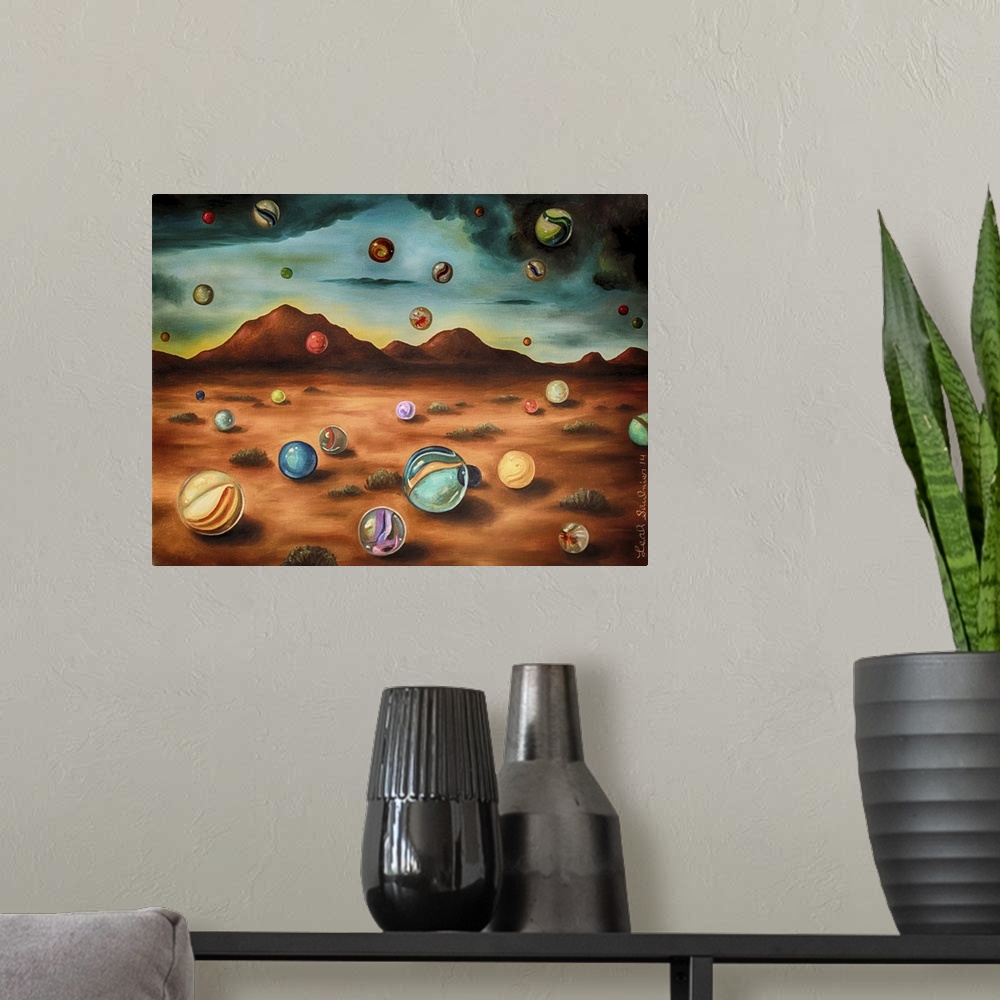 A modern room featuring Surrealist painting of a desert landscape with marbles raining down from the sky.