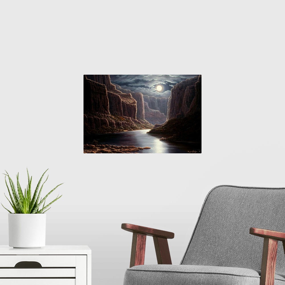 A modern room featuring Contemporary landscape painting of the Grand Canyon under the moonlight.