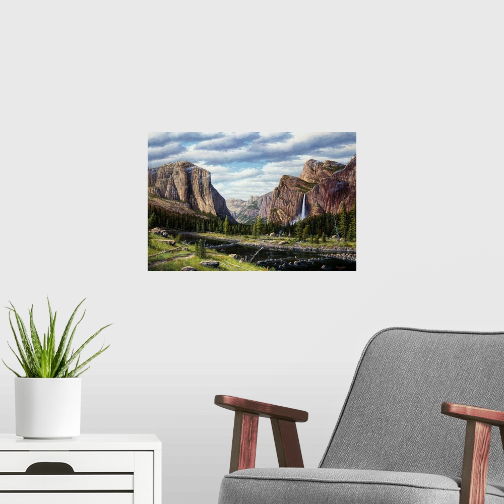 A modern room featuring A view of Bridal Veil falls in Yosemite.