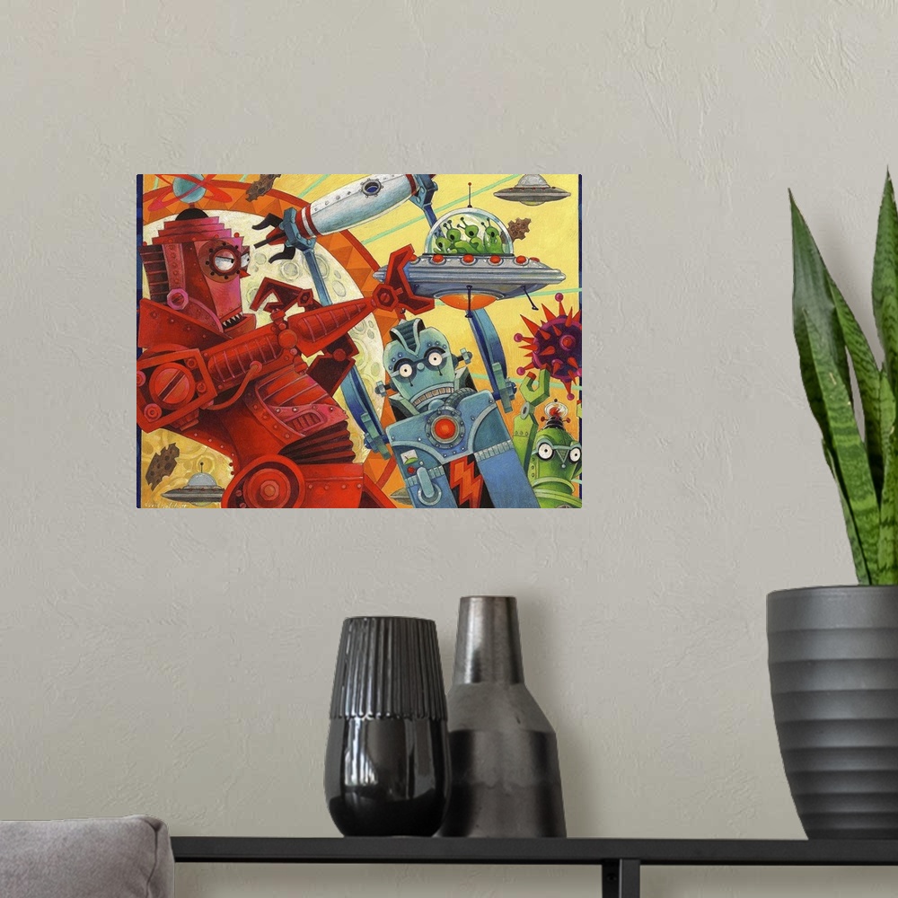 A modern room featuring Contemporary piece of artwork with robots fighting alien ships, with rockets zooming all around.