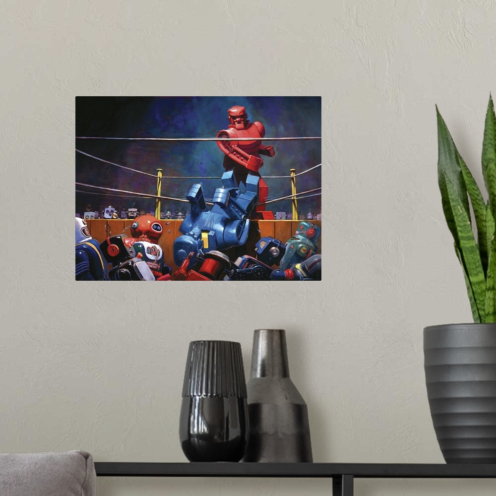 A modern room featuring A contemporary painting of a giant retro toy robot boxing match.