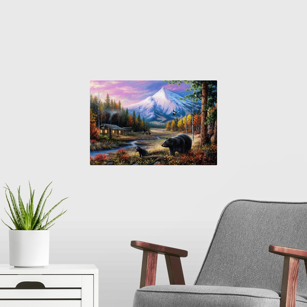 A modern room featuring Contemporary landscape painting of a cabin the the woods with mountains in the background and two...