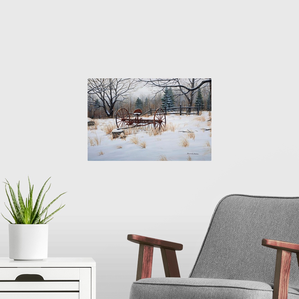 A modern room featuring Contemporary artwork of a cultivator resting for the winter months