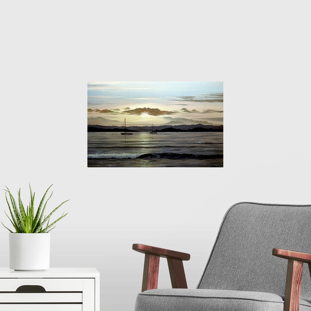 A modern room featuring Contemporary painting of a calm shoreline at dusk, with boats in the distance.