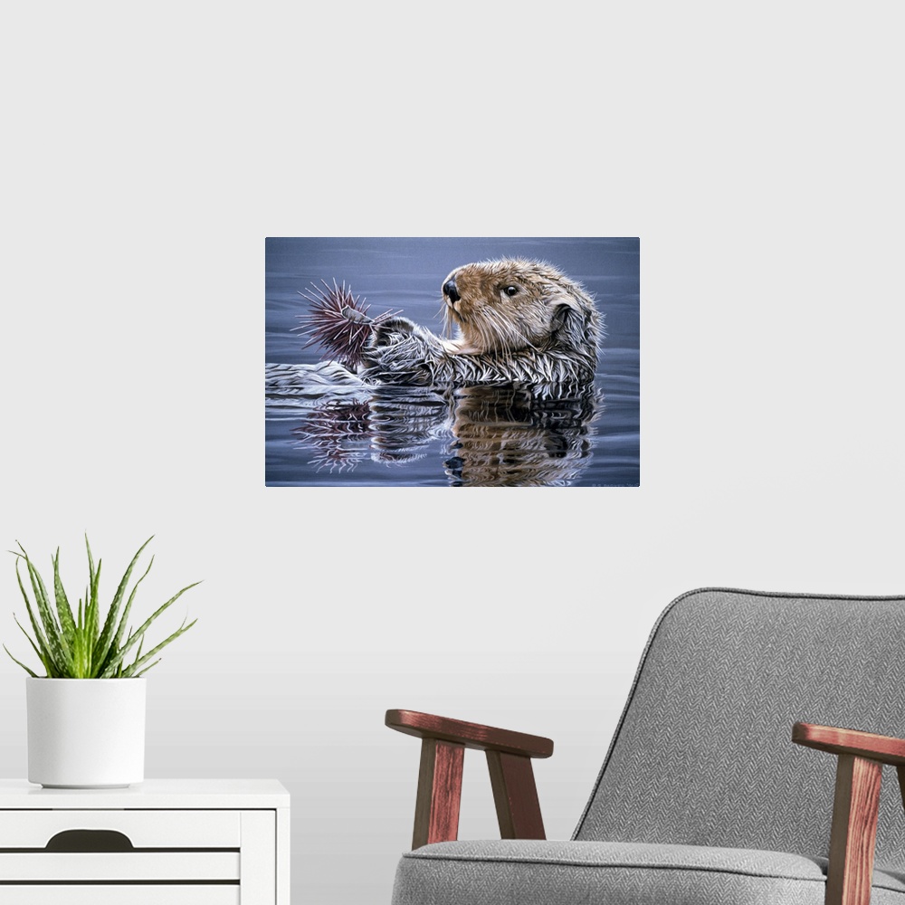 A modern room featuring A sea otter swimming with an urchin.