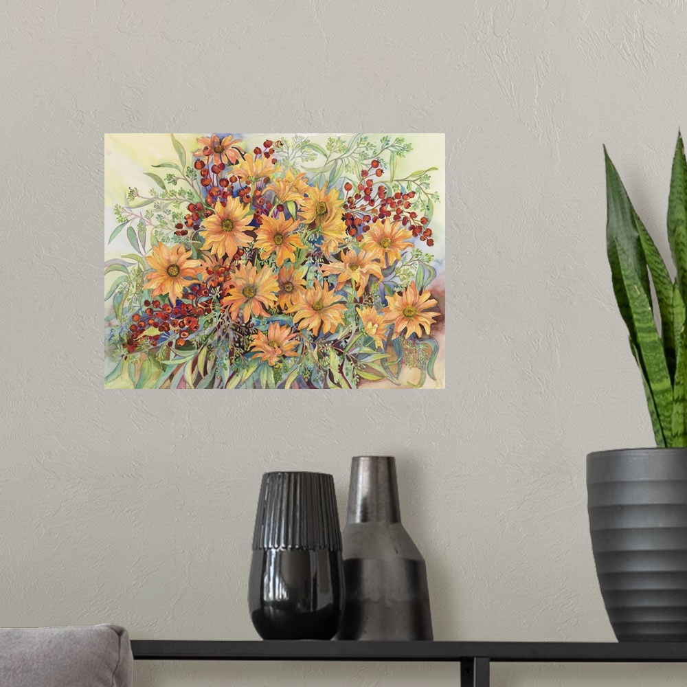 A modern room featuring Colorful contemporary painting of autumn flowers.